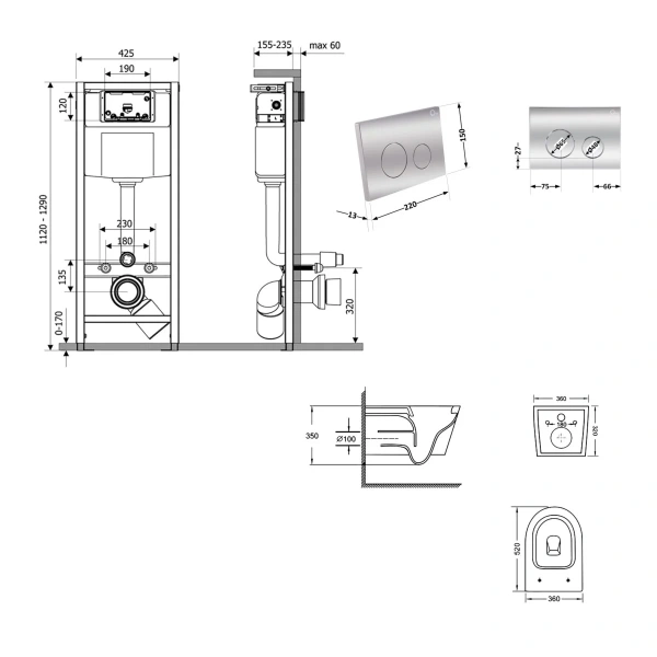 Готове рішення Qtap для ванної кімнати: підвісний унітаз Swan Ultra Quiet 520x360x320 + комплект інсталяції Nest 4 в 1 (кругла клавіша Chrome)