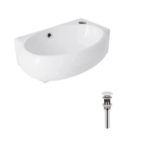 Комплект Qtap Leo: Раковина підвісна овальна права 430x285x160 мм White + Донний клапан PU02O