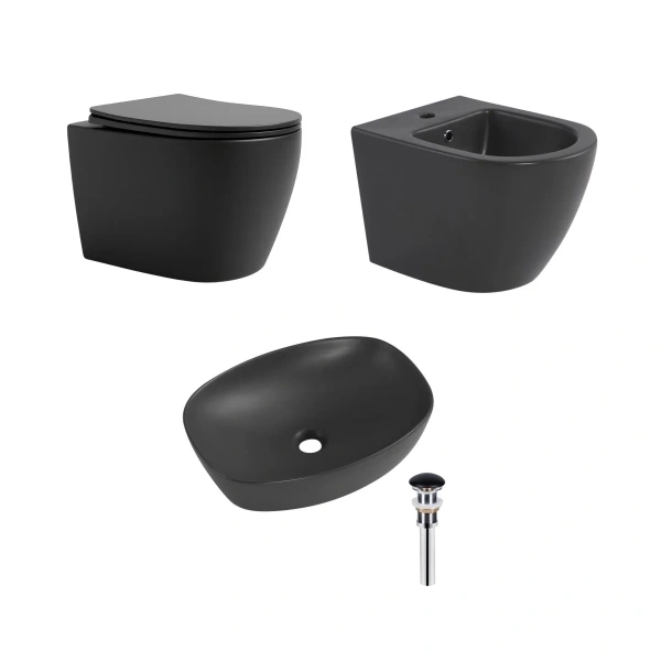 Комплект Qtap Robin Anthracite 3 в 1: підвісний унітаз Ultra Quiet + біде підвісне + раковина накладна