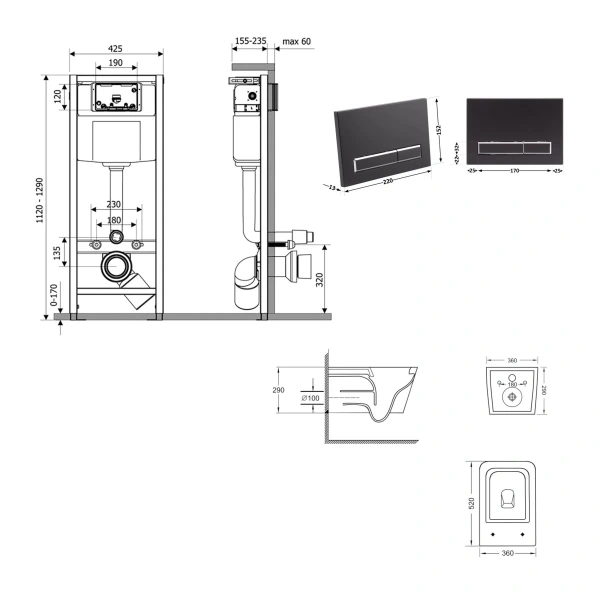 Готове рішення Qtap для ванної кімнати: підвісний унітаз Crow Ultra Quiet 520x360x290 + комплект інсталяції Nest 4 в 1 (лінійна клавіша Matt Black)