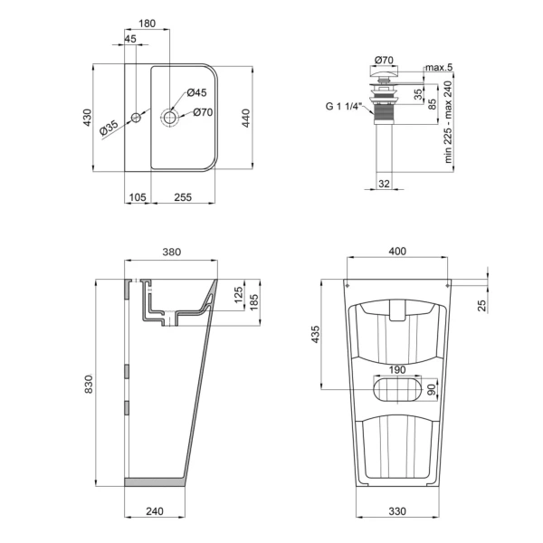 Комплект Qtap Tern: Раковина напольна моноблок 440х380х830 мм White + Донний клапан PU02O QT1711G302WN47320