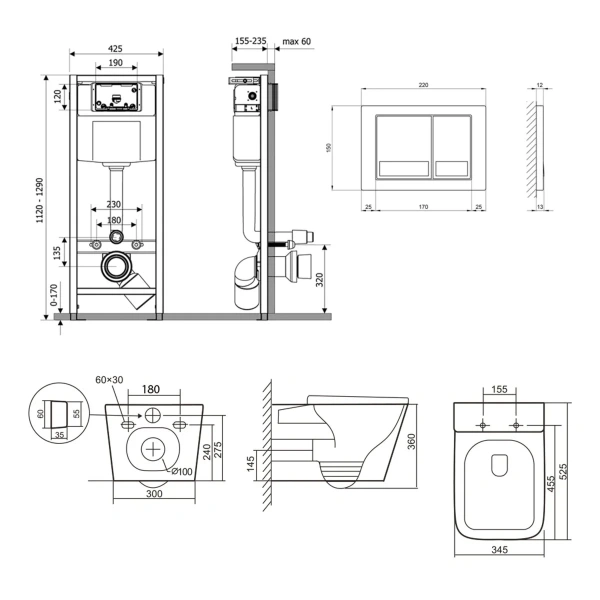 Готове рішення Qtap для ванної кімнати: підвісний унітаз Tern Ultra Quiet 525x345x360 + комплект інсталяції Nest 4 в 1 (квадратна клавіша Satin)