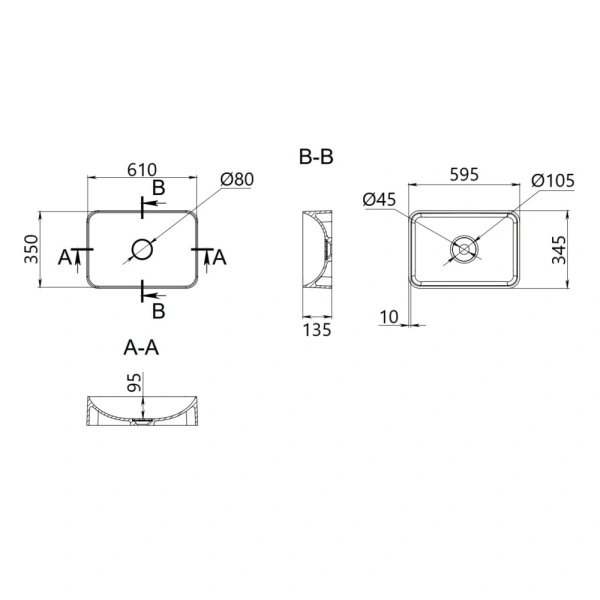 Раковина накладна прямокутна 610x350x135 мм Qtap Tern