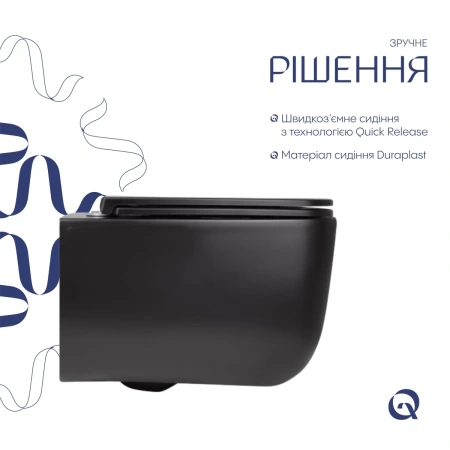 Унітаз підвісний у чорному кольорі 530х365х373 мм з сидінням з мікроліфтом Slim Duroplast Qtap Gemin