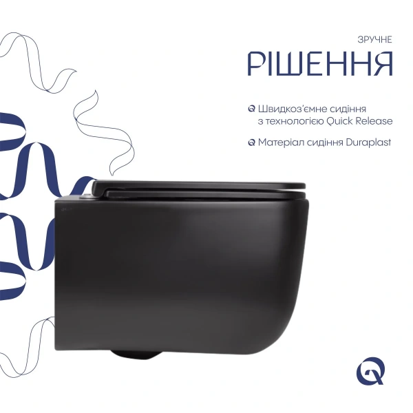 Унітаз підвісний у чорному кольорі 530х365х373 мм з сидінням з мікроліфтом Slim Duroplast Qtap Gemin