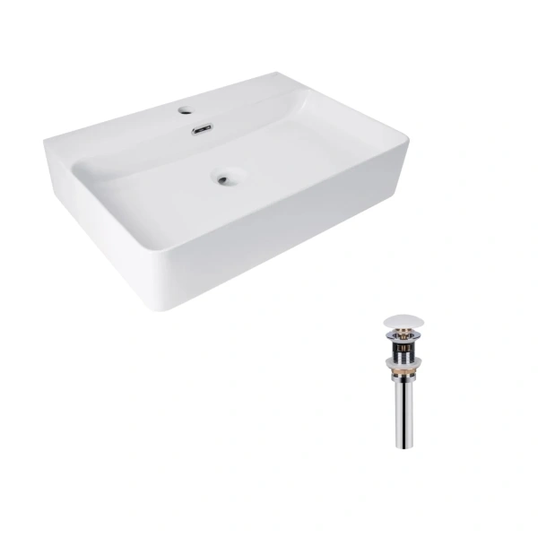 Комплект Qtap Nando LT: Раковина підвісна прамокутна 610х420х140 мм White + Донний клапан PU02O