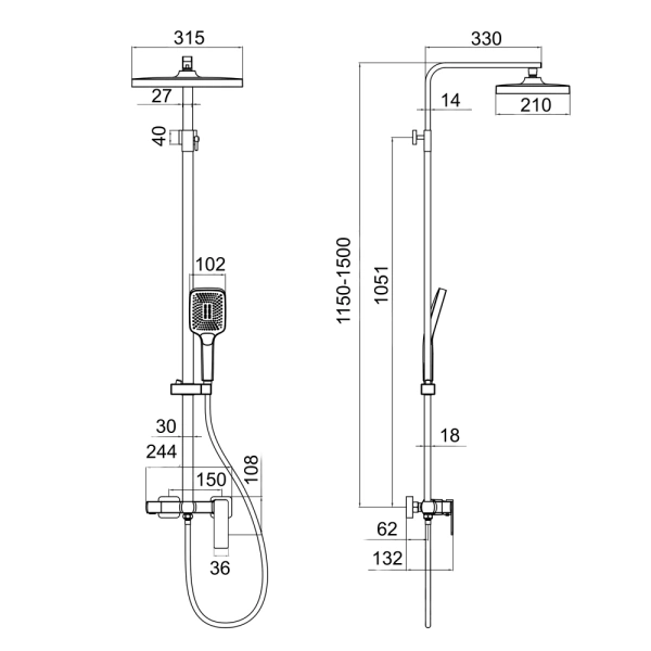 Душова система на три споживача Qtap Capricorn (штанга 1150-1500 мм)