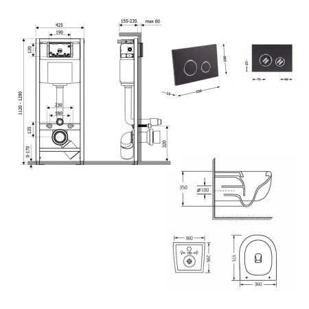 Готове рішення Qtap для ванної кімнати: підвісний унітаз Taurus Ultra Quiet 515×360×350 + комплект інсталяції Nest 4 в 1 (кругла клавіша Matt Black)