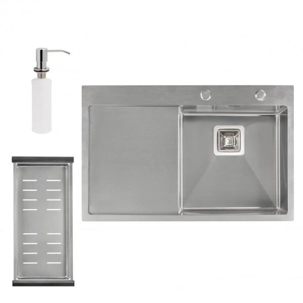 Набір 3 в 1 Qtap кухонна мийка 78*50R 3.0/1.2 мм Satin + сушарка + дозатор для миючого засобу